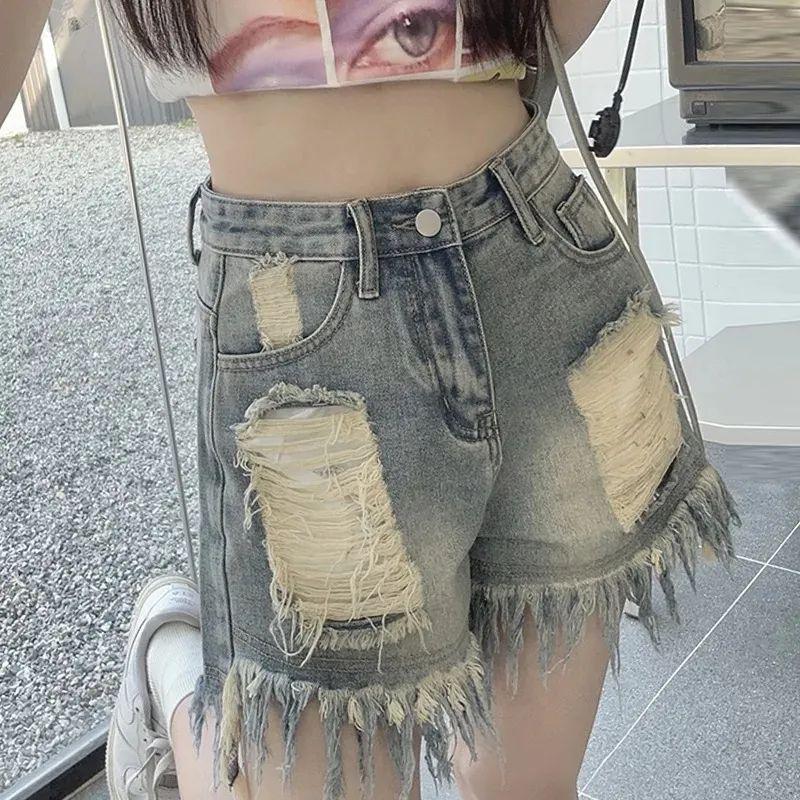 High Waist Tassel Ripped Denim Shorts for Women - Summer A-line Wide Leg with Raw Hem