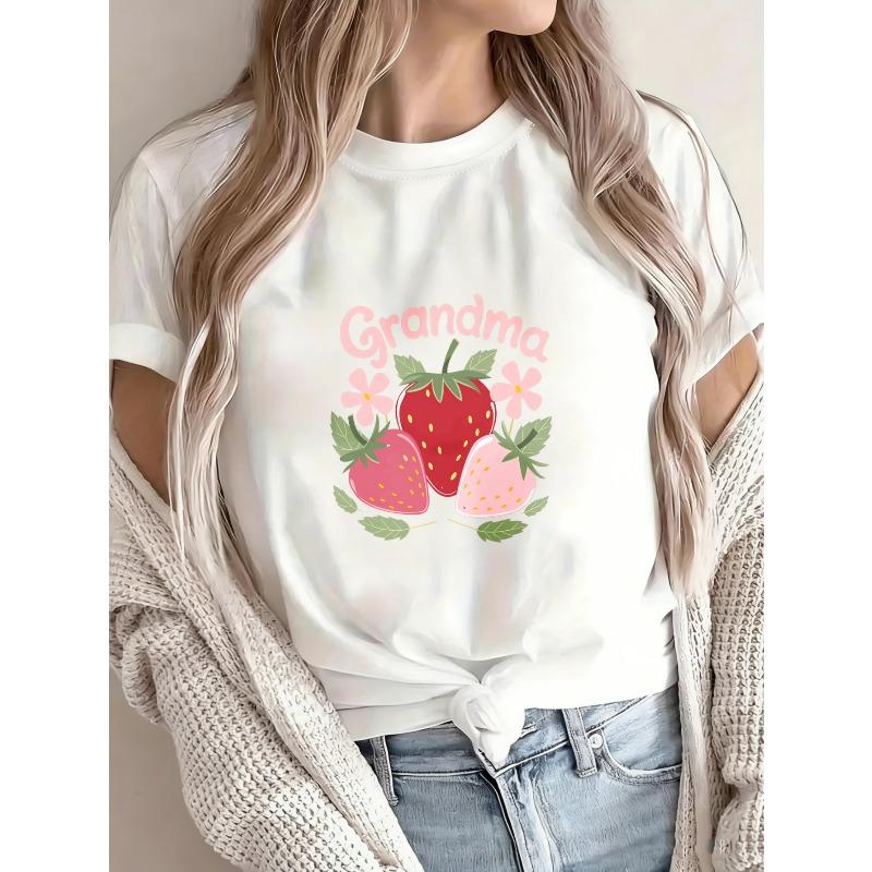 White T-Shirt Grandma Strawberry And Flowers Print Casual Summer Outfit For Women