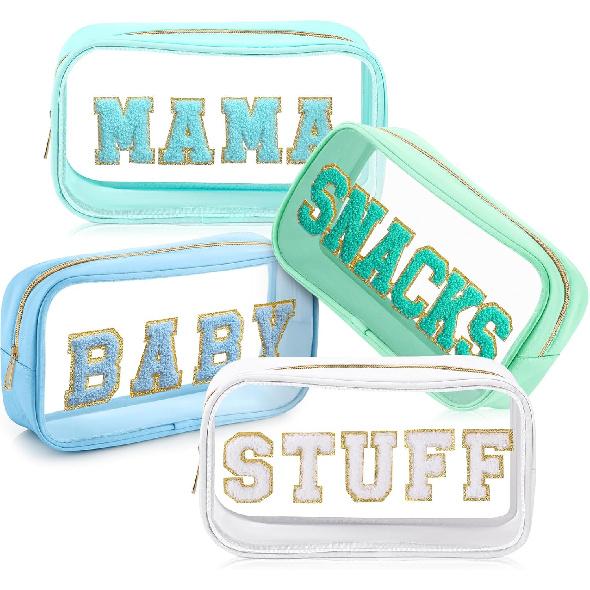 4 Pcs Mama and Baby Toiletry Bag Clear Chenille Letter Pouch Snacks Makeup Stuff Travel Diaper Bag Preppy Transparent Pouch with Zipper for Women