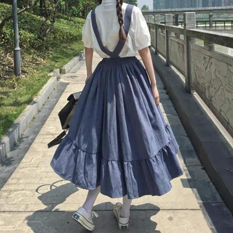 WTEMPO Girl's Sweet Preppy Style Strap Long Skirts Ruffles Loose Cute Student Casual Skirts Female Suspender Skirts