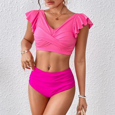 2025 New Two Pieces Swimsuits Ruffle High Waist Bikini Sets Backless Swimwear Summer Bathing Suits Lady Beachwear XL