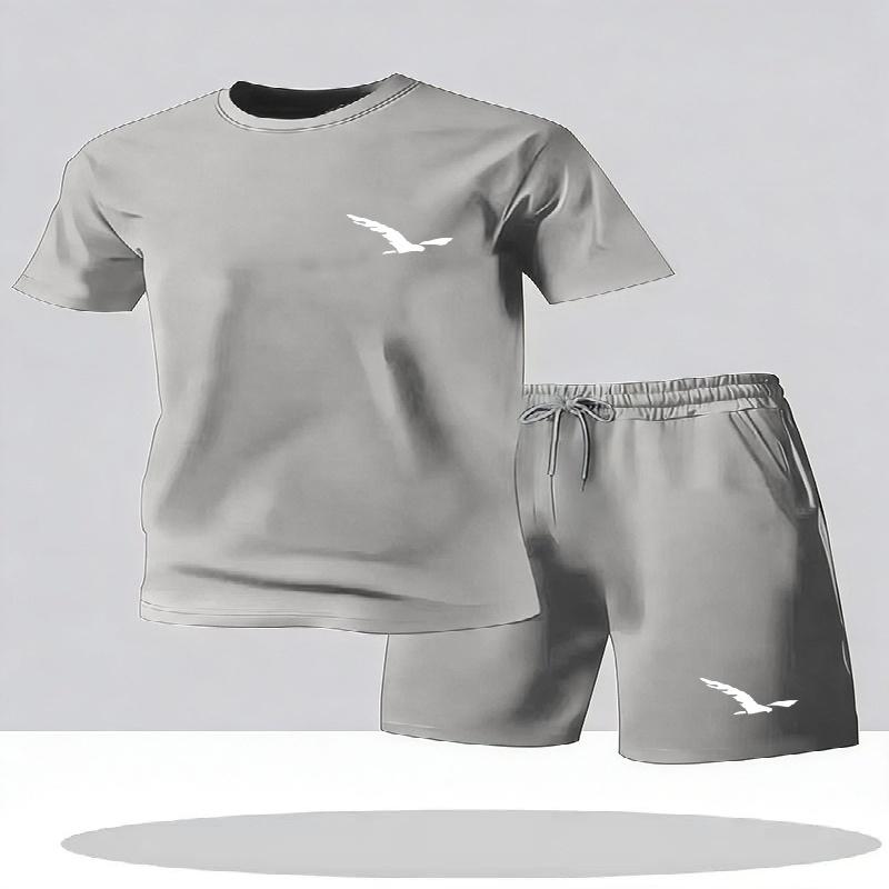 Traje esportivo casual de verão para homens, conjunto de roupas com t-shirt de gola redonda e manga curta e shorts, vestuário esportivo casual masculino