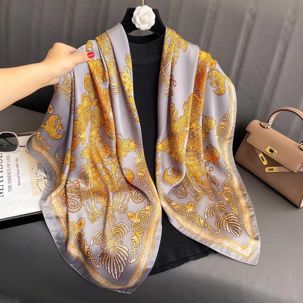 110cm Versatile Women’s Imitation Silk Scarf - Large, Printed, Decorative, Sunscreen Shawl