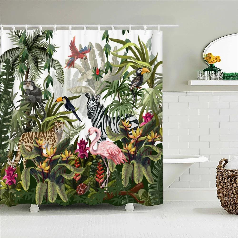 Flamingo Shower Curtains Green Leaf Bathroom Waterproof Polyester Fabric Printing Shower Curtain Decoration Bath Screen