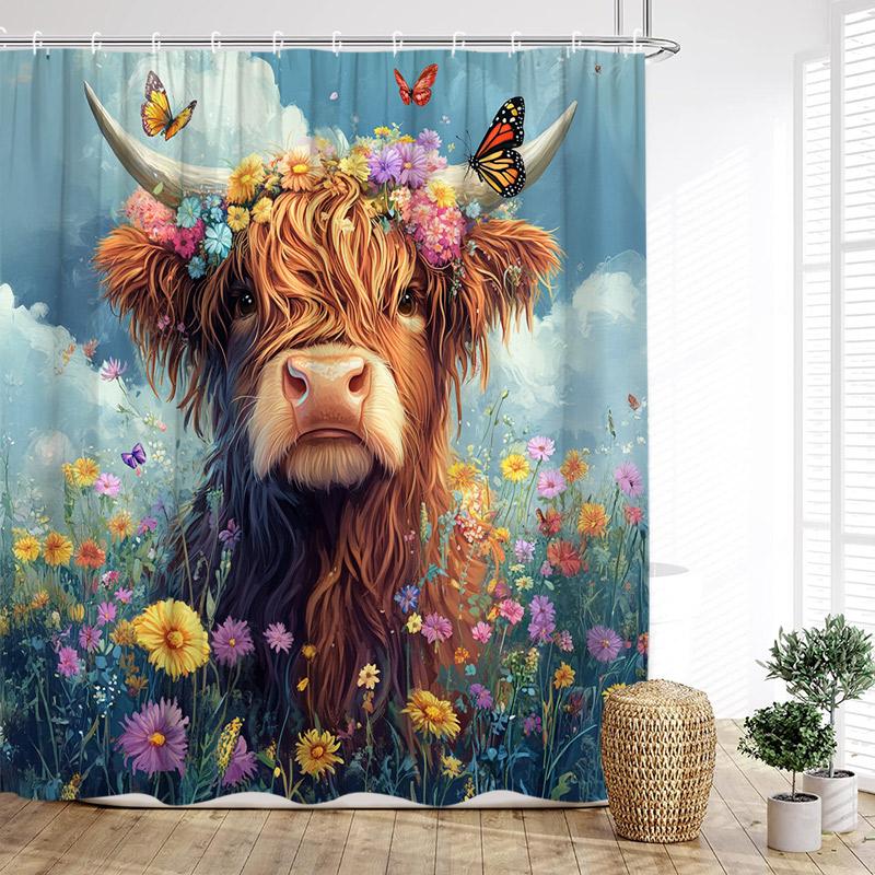Brown Highland Cattle Shower Curtain Funny Farm Animals Sunset Rustic Flowers Scenery Fabric Bathroom Curtains Decor With Hooks