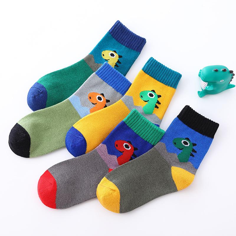 5 Pairs Kids Cotton Cartoon Dinosaur Socks Spring Autumn Boys Girls Age 3-15 Years Old Comfortable Crew Socks