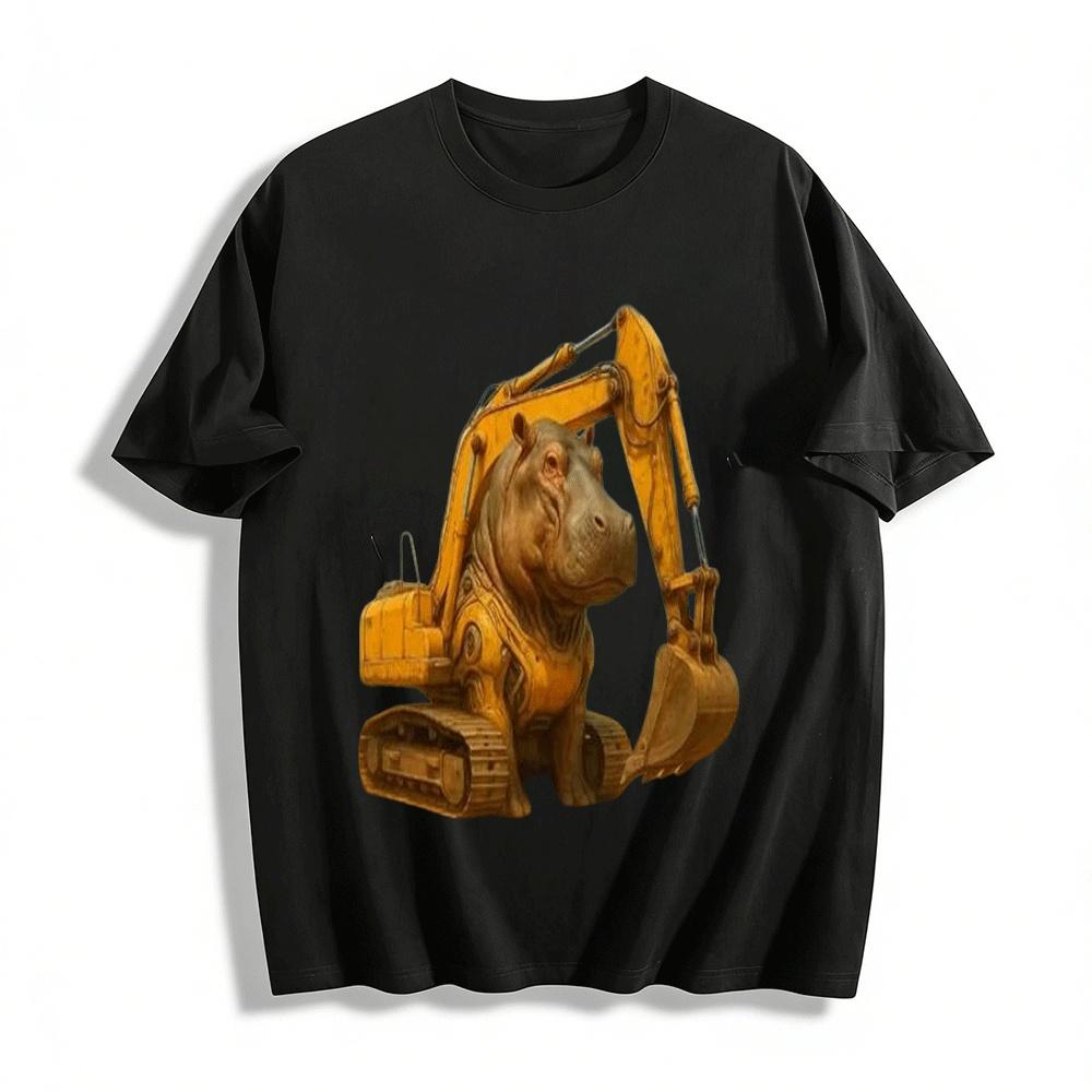 Funny Hippo Excavator Mashup Graphic Casual T-Shirt Pure cotton T-shirt XXS