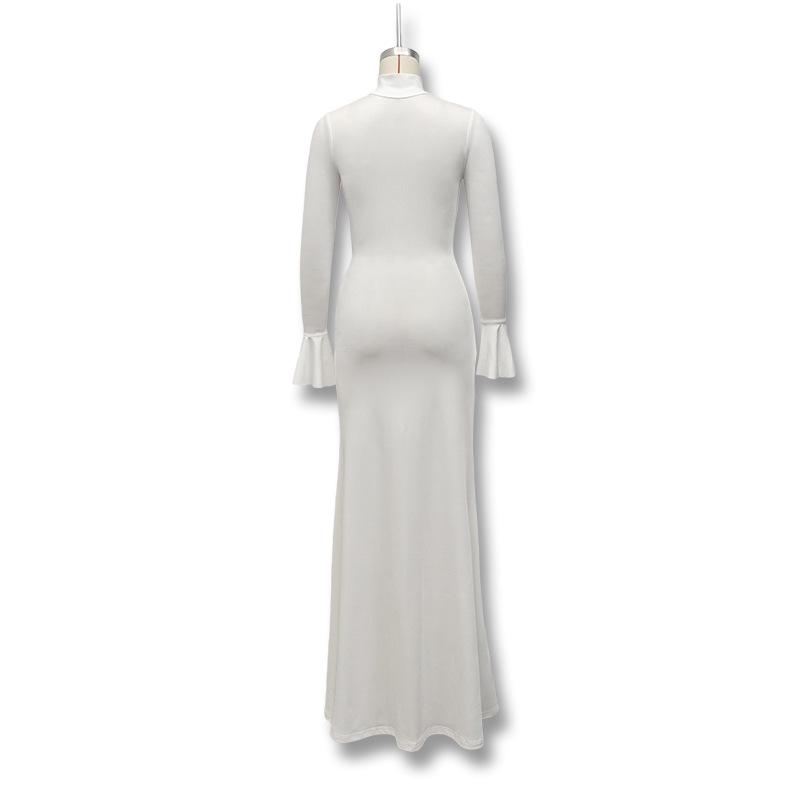 European & American Women's Fashion 2024 Autumn/Winter Slimming Long-Sleeve Tie-Up Dress - Solid Color, Waist-Hugging & Hip-Wrapping Style