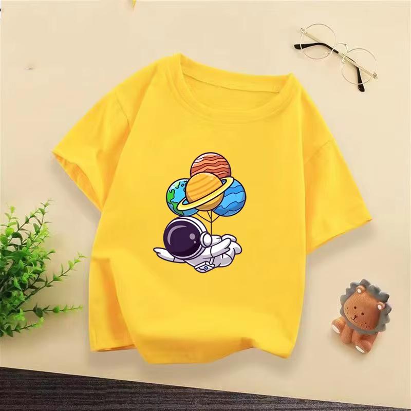 Kids Astronaut Balloon Planets T-shirt, Cute Space Graphic Casual Short Sleeve Cotton Tee for 120 жёлтый