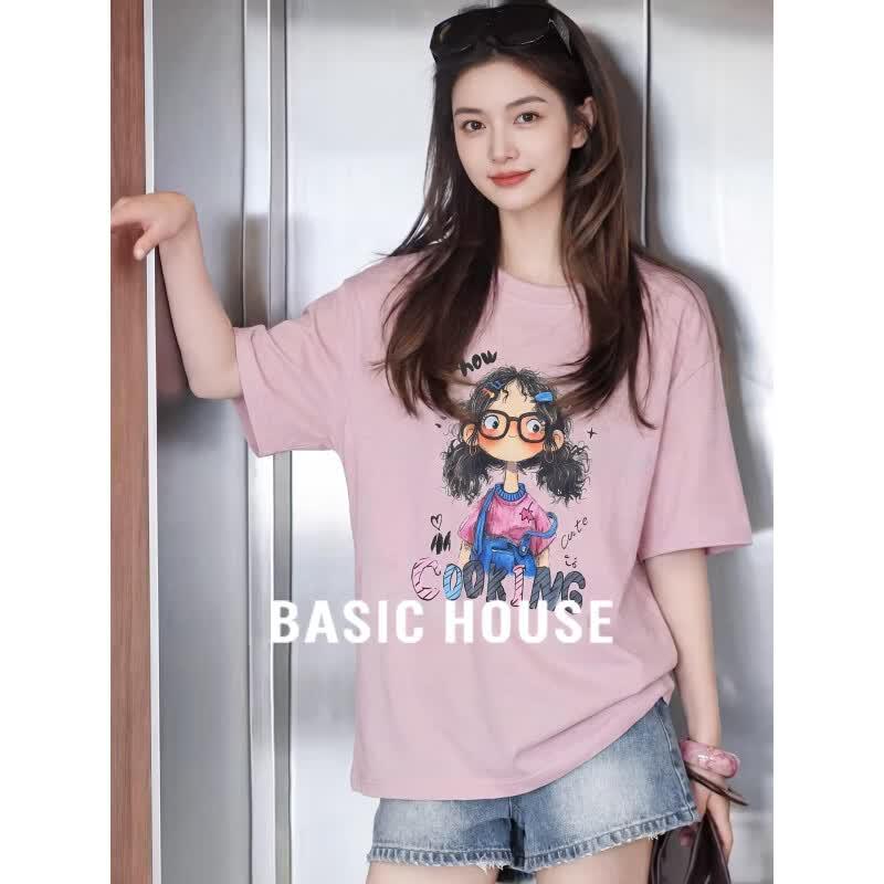 Basic House Women s Printed Round Neck T-shirt One Size