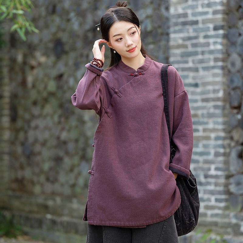Johnature Women Chinese Style Stand Long Sleeve Plush Warm Winter Solid Color Button Tops