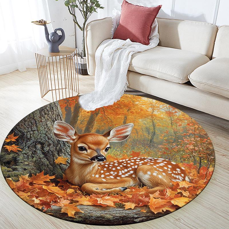 Autumnal Fawn Round Area Rug,Carpet Rug for Living Room Bedroom Sofa Playroom Decor,Non-slip Floor Mat