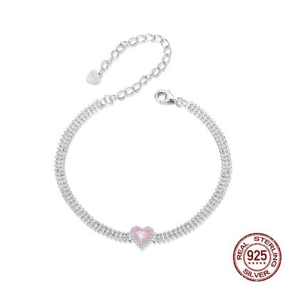 Yeni Basit Buz Çiçeği Pembe Aşk Bileziği, Tatlı ve Kızsal Kalp Şeklinde Zirkonyum S925 Ayar Gümüş Bileklik