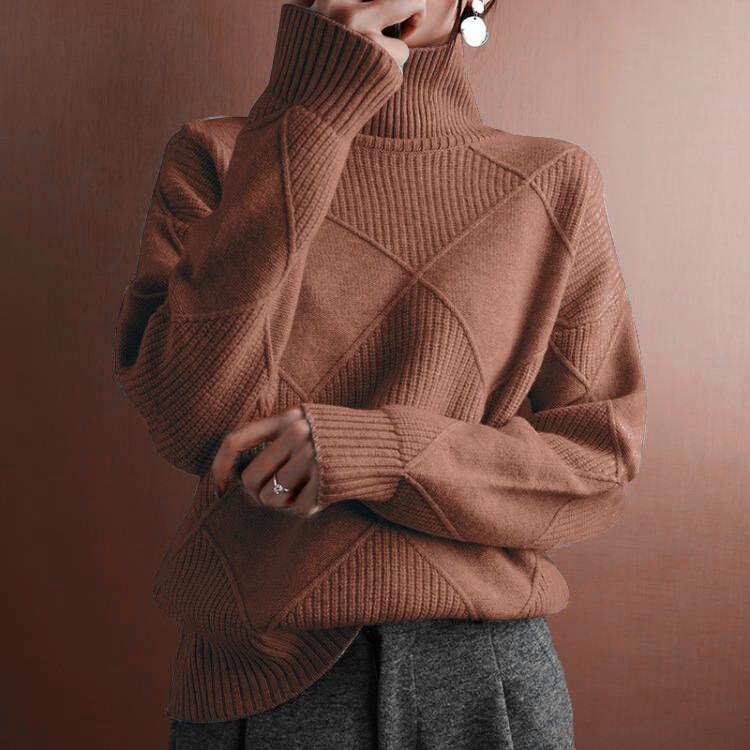 Damenmode, lässig, Herbst/Winter, einfarbig, mit Druck, langen Ärmeln, hohem Halsausschnitt