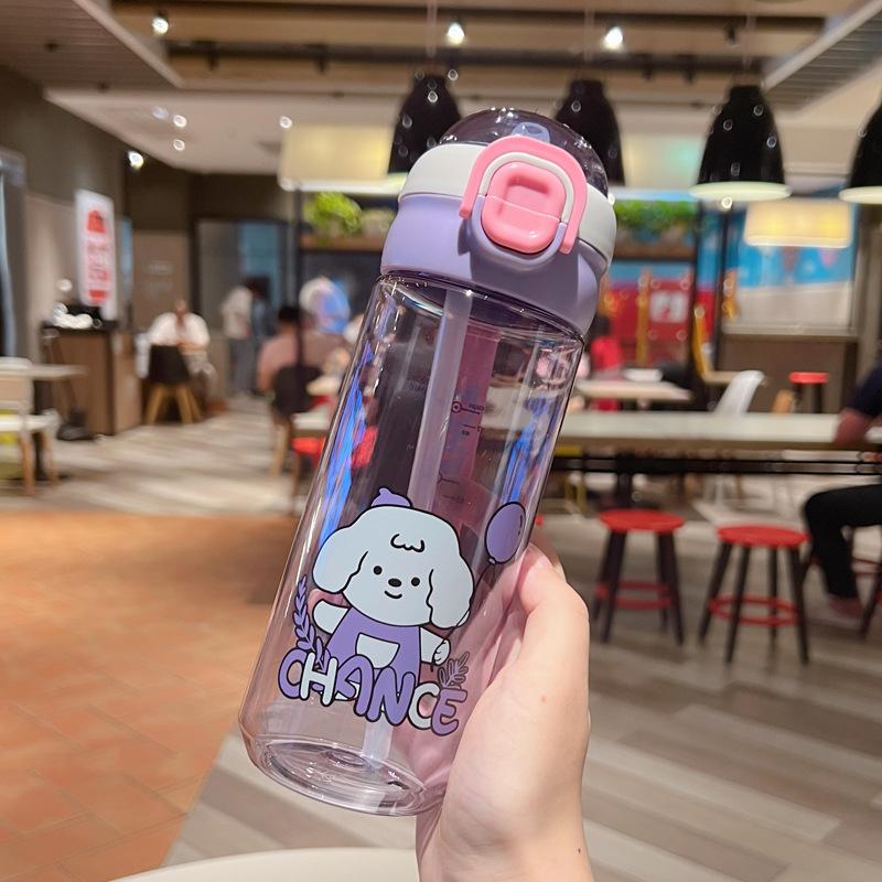Water bottle summer simple plastic cup cartoon puppy large capacity easy cup cute portable student straw cup Internet celebrity girl