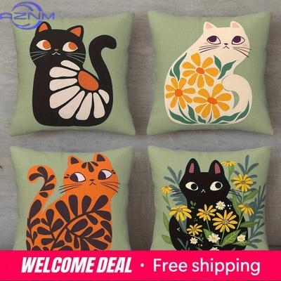 Home Decor Cute Cats With Floral Patterns Pillow Covers Pattern Cushion Cover Suitable For Sofa Bedroom Car Pillow Cover