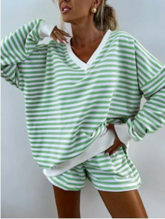 Summer Women's Striped V-Neck Top & Shorts 2-Piece Set
