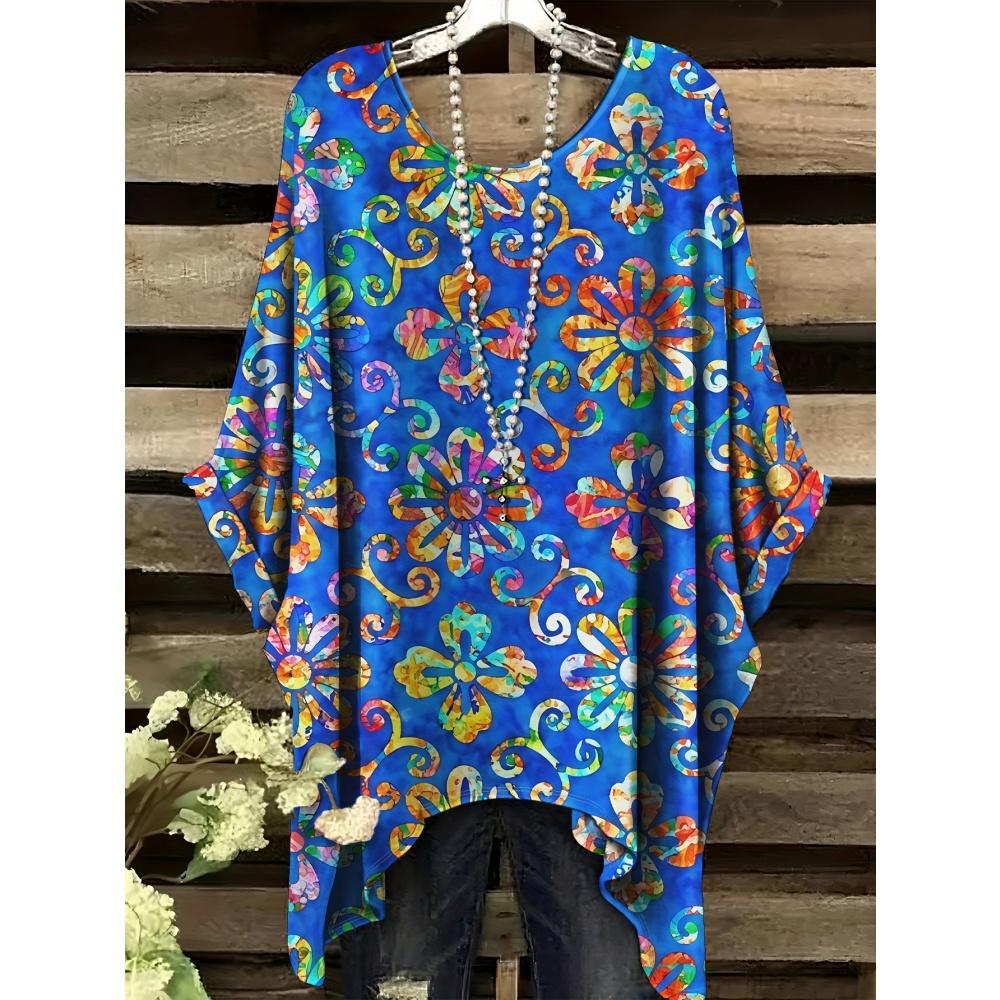 Bohemian Top for Women Elegant Colour Floral Graphics Design Round Neck Irregular Hem Women Casual Fashion Women Vacation Tops