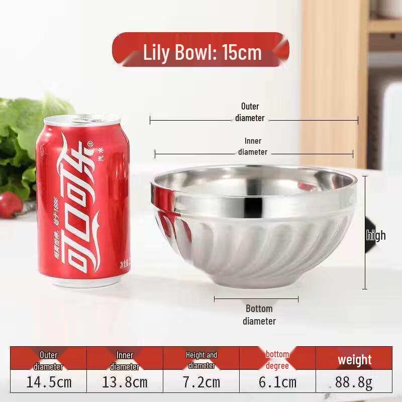 

15cm Stainless Steel Double-Layer Anti-Scald Lily Bowls (Pack of 10)