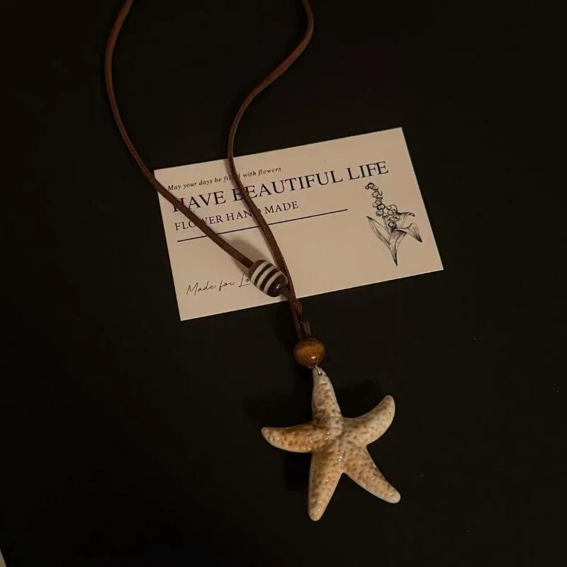 Layerable Ocean Style Necklace Starfish Shell Faux Pearl Pendant Fashion Jewelry for Women Beach Streetwear A5