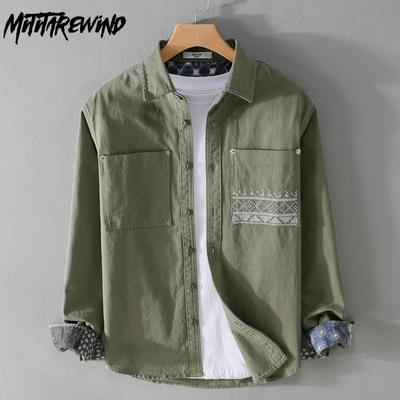 Korean Retro Style Men Clothing Spring Streetwear Casual Tops Pure Cotton Long Sleeve New Fashion Patchwork Printed Shirts Youth Overshirt