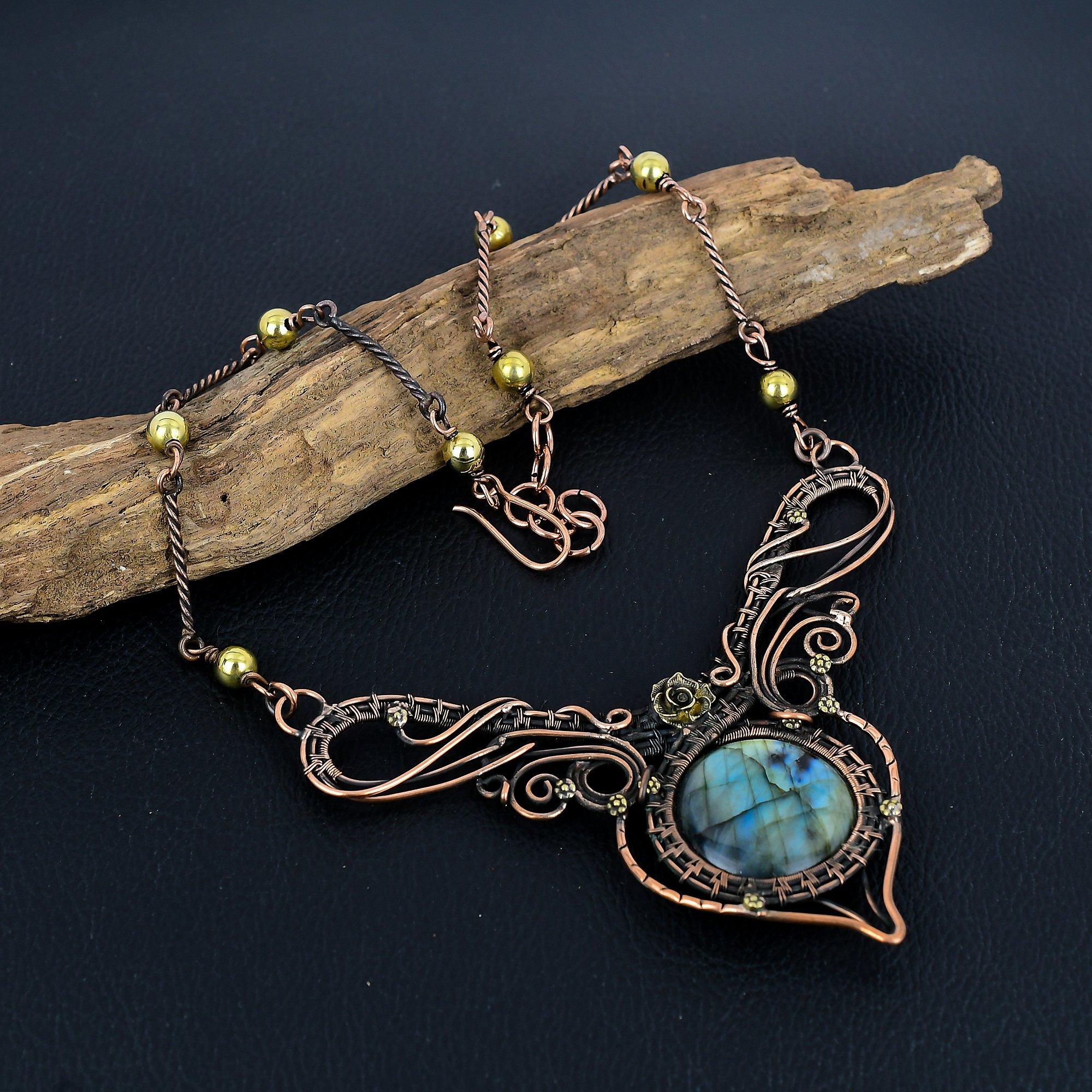 

Ожерелье из лабрадорита, ювелирное изделие из драгоценного камня, ожерелье, обернутое медной проволокой 999 пробы, украшения ручной работы, ожерелье с камнем рождения