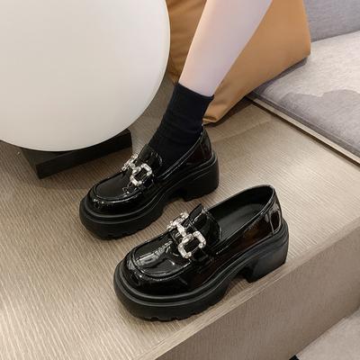 Mocasines de plataforma para mujer, novedad primavera y otoño 2025, versátiles, estilo retro francés, tacón alto, pedrería, negros, estilo británico, zapatos pequeños de cuero