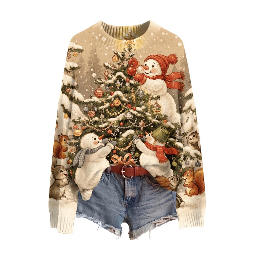 Women's Christmas Print Neck Long Sleeve Sweater Soft Casual Top for Fall Winter Holiday