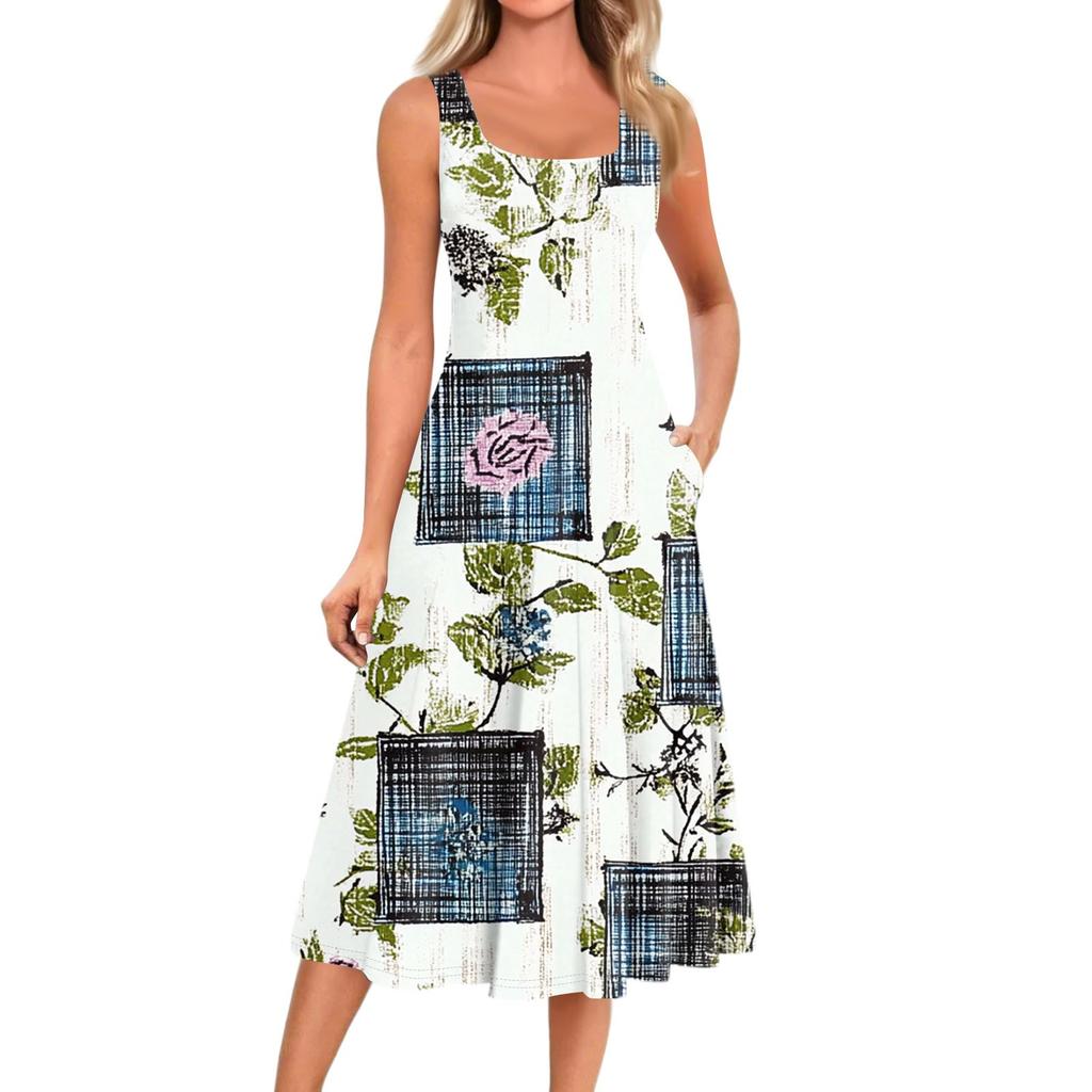 Women's Casual Fashion Floral Print Round Neck Sleeveless Solid Color Midi Dress