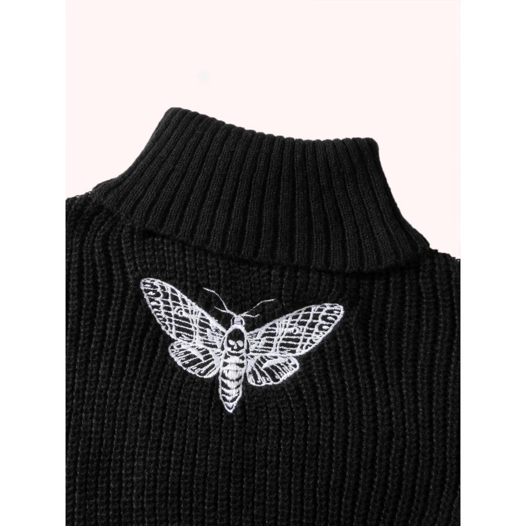 Butterfly Pattern Turtle Neck Pullover Sweater, Casual Long Sleeve Crop Sweater, Women's Clothing