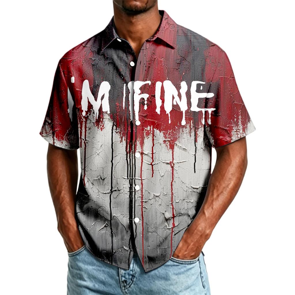Herren Freizeithemd Kurzarm Button-Down Halloween-Print Leichter atmungsaktiver Stoff Locker geschnittenes Hemd für den Alltag