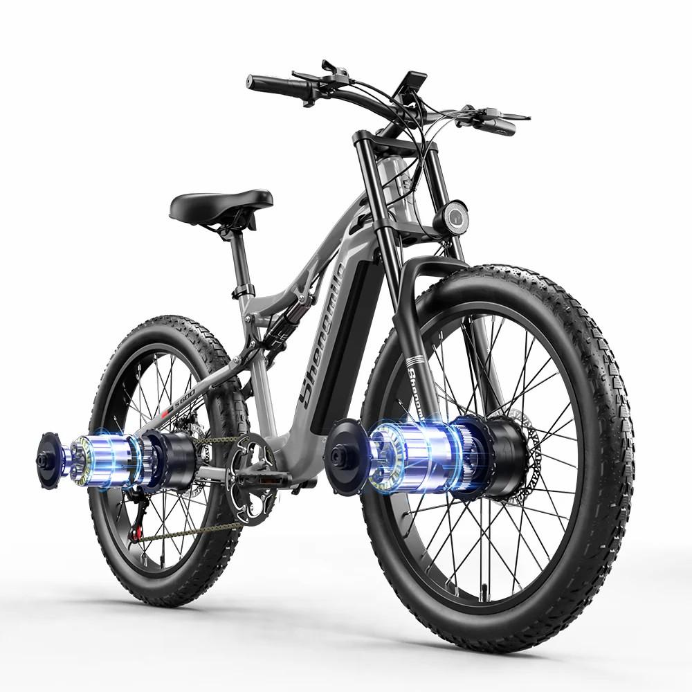 Electric Bicycle Shengmilo 26" 1000Wx2 Motor Full Suspension 48V 17.5AH Adult Ebike Top Speed 45Km/h 7 Speed Grey S600