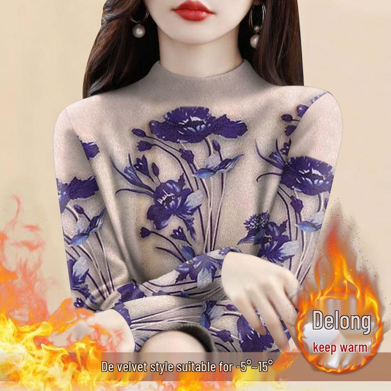 Women's Plus Size Fleece Lined Semi-High Neck Long Sleeve T-Shirt