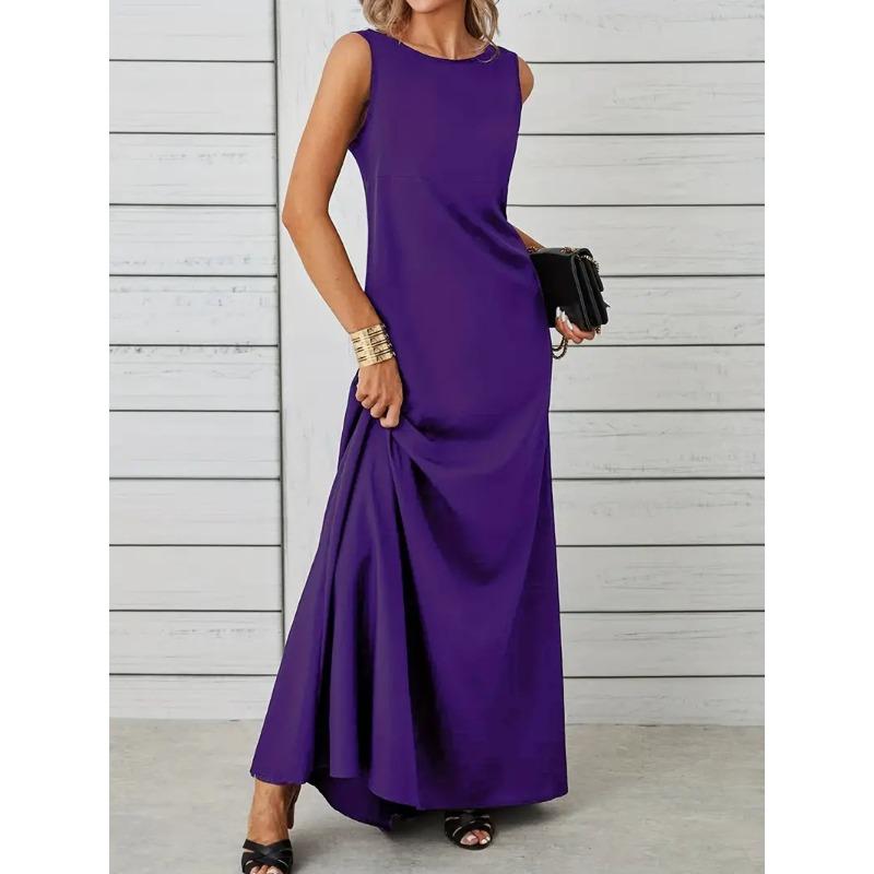 Spring and Summer Elegant and Pure-colored Round-neck Short-sleeved Resort-style Women's Dresses