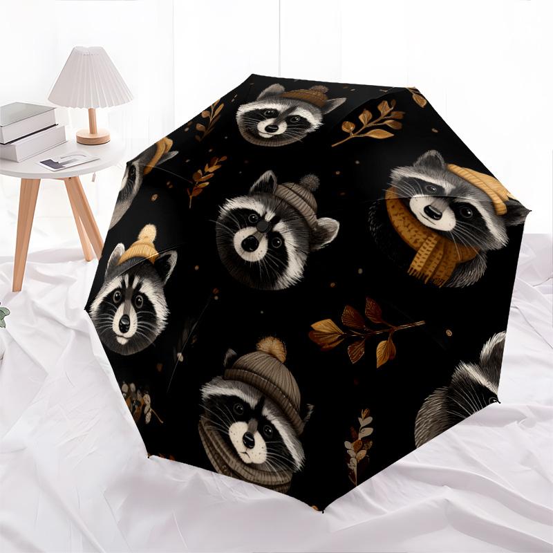 

Cute Raccoon pattern, automatic folding umbrella, portable and foldable design, 8 ribs, a Christmas or birthday gift.