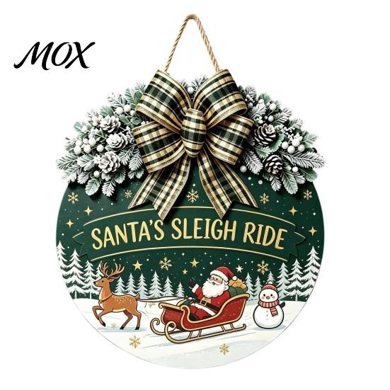 Festive Home Decoration Christmas Wooden Welcome Sign for Front Door, Round Hanging Ornament with Rustic Winter Wreath Artificial Pine Branches & Bow