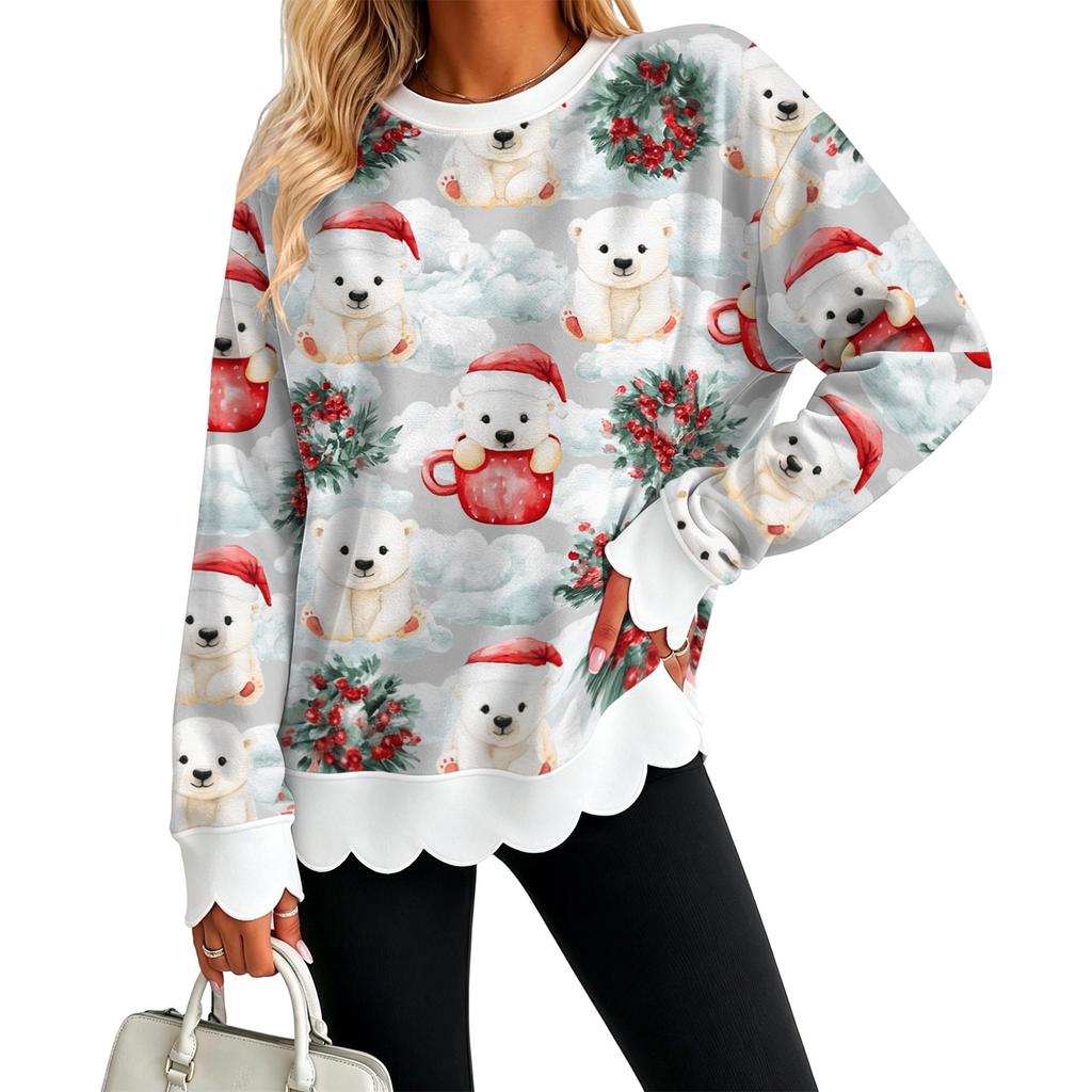 Women's Casual Christmas Print Sweatshirt Top with Scalloped Wavy Hem and Crewneck