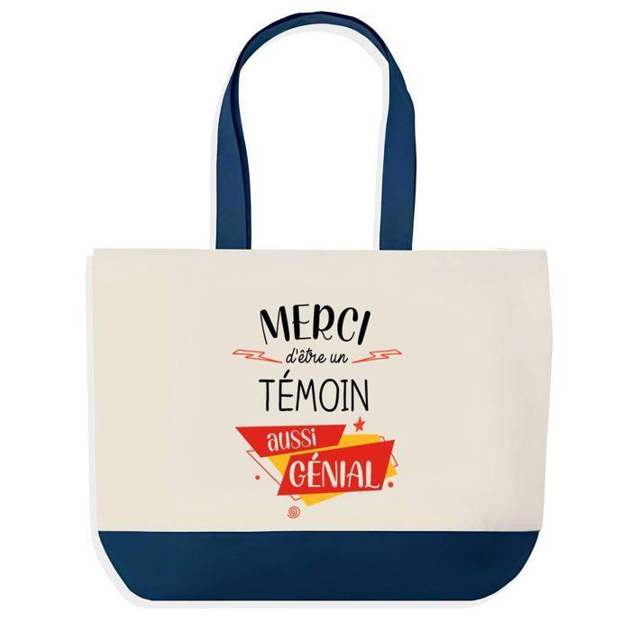 Sac shopping - PLANETEE - Sac shopping fond bleu - Merci Témoin Génial - Coton - Grand 40x45 cm
