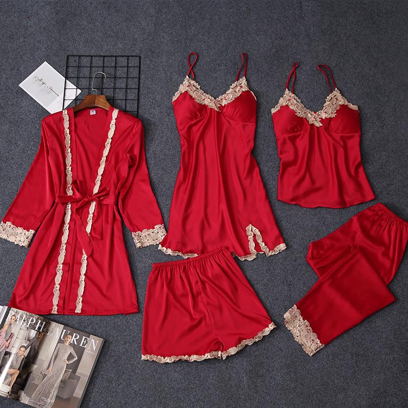 Women's Satin Chiffon Five-Piece Pajama Set: Sexy Faux Silk with Camisole, Robe, and Chest Pads for Autumn and Summer.