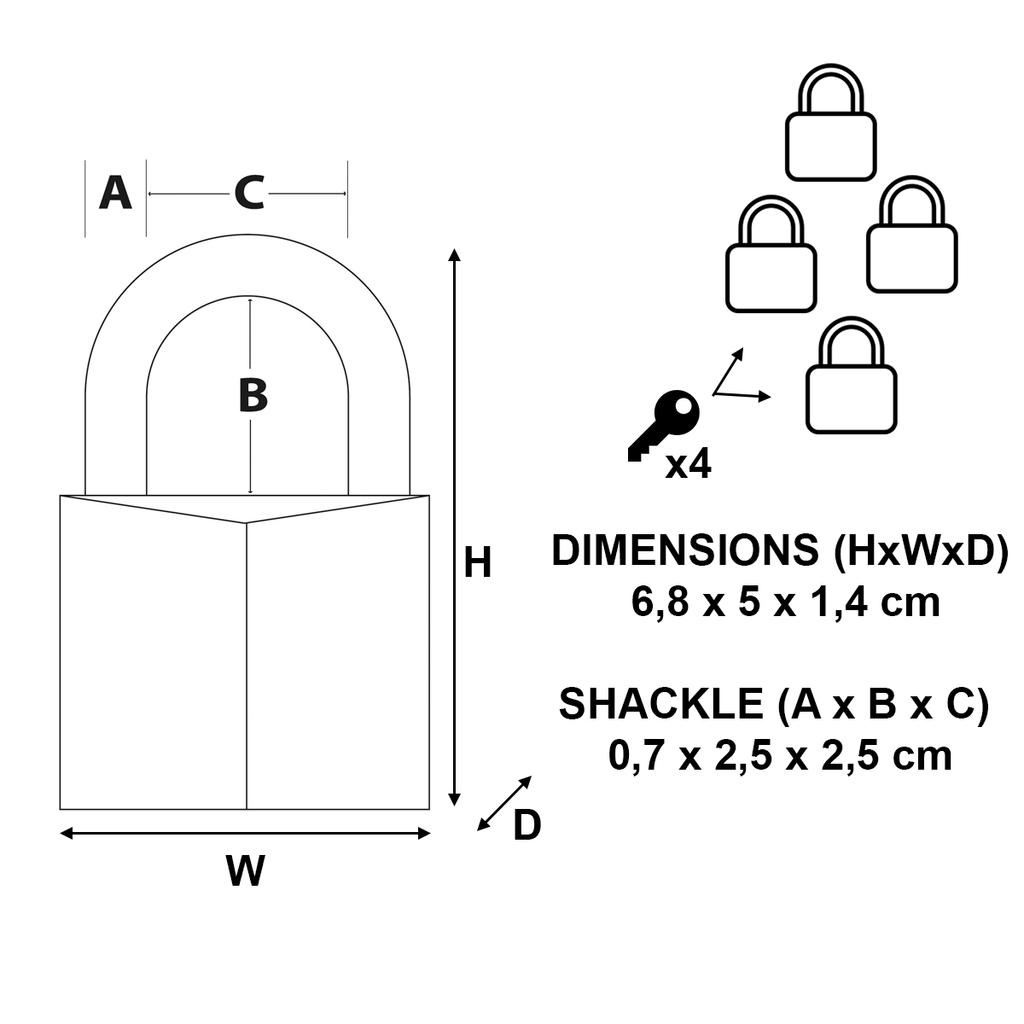 Master Lock Pack of 4 Brass Padlocks, Keyed Alike, 50x68x14 mm