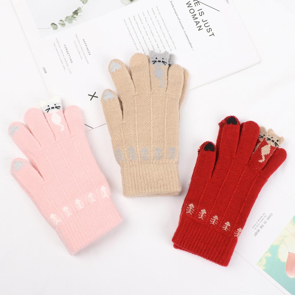 Keep Finger Warm Cute Soft Elastic Full Finger Thicken Warm Touch Screen Mittens Knitted Gloves