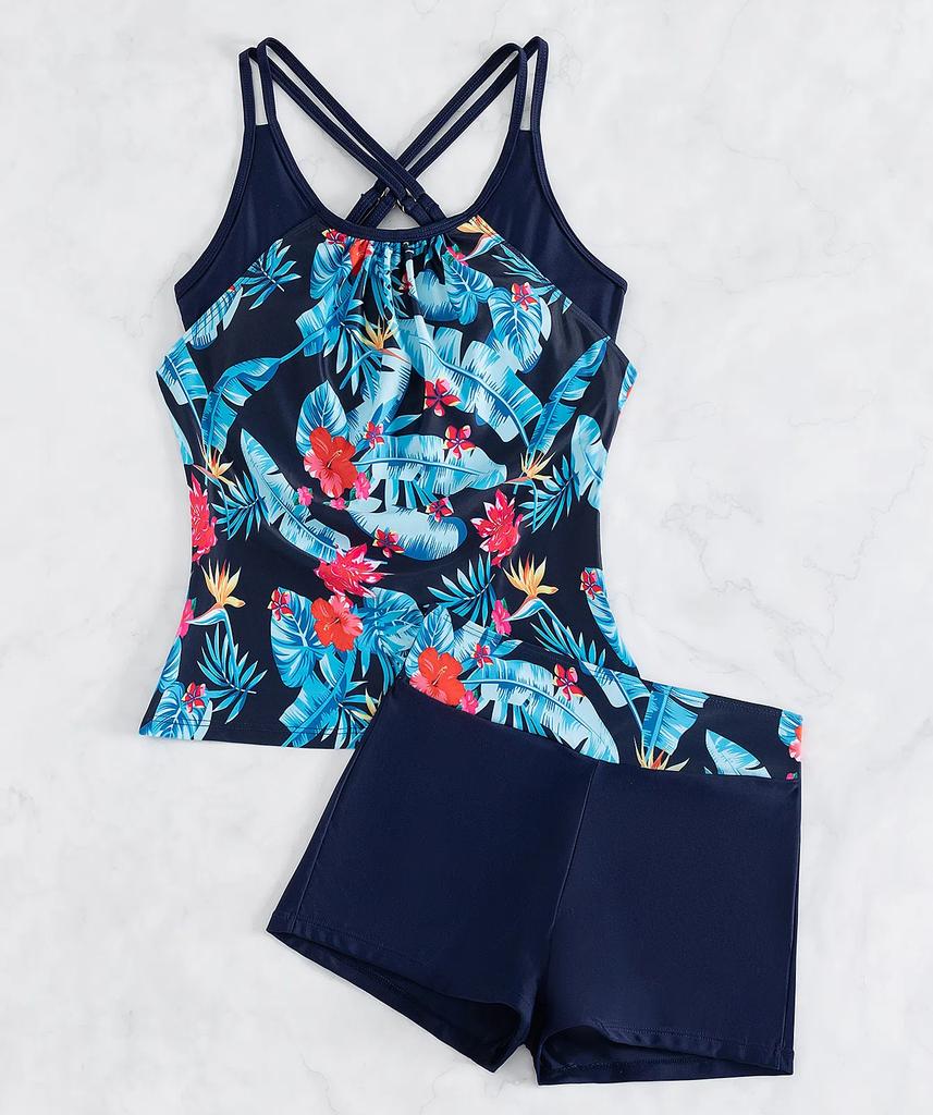 Damskie Stroje Kąpielowe Wzory Kontrastujące Szorty z Szelkami Split Bikini Strój Kąpielowy Odzież Plażowa Stroje Kąpielowe