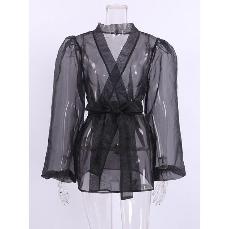 Spring/Summer Sexy Black Sheer Mesh Shirt Jacket For Women, Niche Long-Sleeve Blouse For Girls