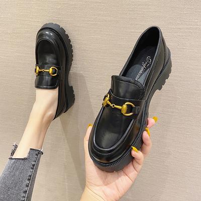 Muffin Thick Bottom Slip -On Loafers Women 'S New British Style Black Retro Soft Leather Flat Small Leather Shoes Women