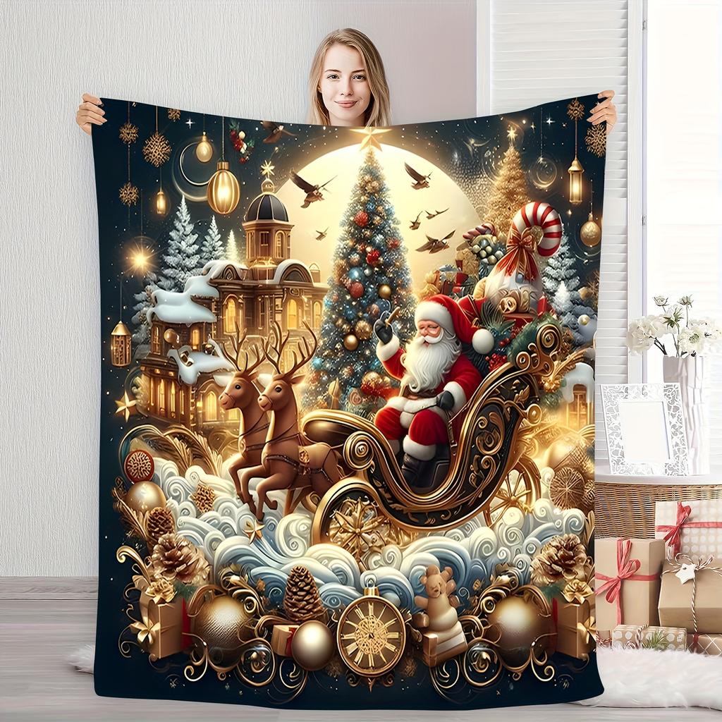Santa & Reindeer Christmas Blanket - Festive Flannel Throw with Tree/Sleigh Print, Cozy All-Season Gift for Sofa/Bed/Travel