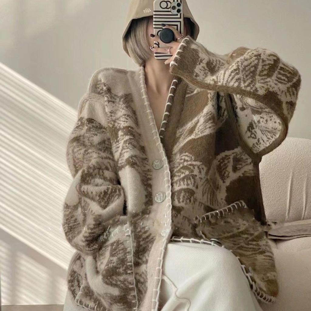 Vintage Knitted Oversized French Lazy Style Sweater Coat for Women