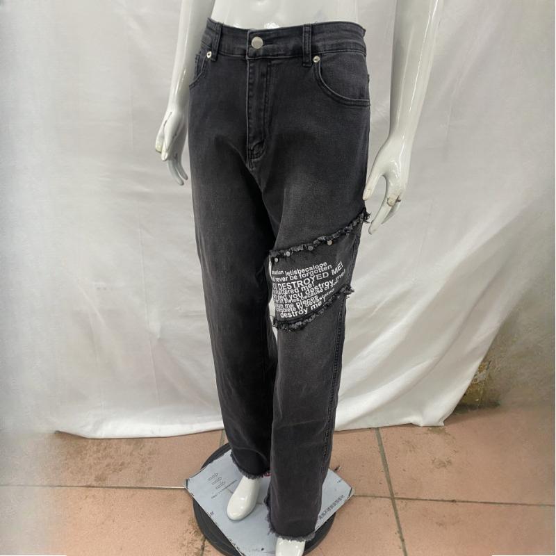 European and American trend straight tube loose washed distressed printed jeans