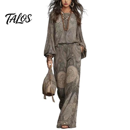 Birnenform Schmeichelhaftes Outfit Boho-Print 2-teilige Sets für Damen, Lässiges Langarm-Oberteil Damen Weitbeinige Hosen Passende Sets, Sommer Locker Reisen