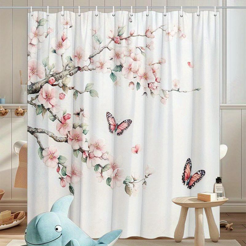 1pc Light Pink Cherry Blossom Shower Curtain - Soft Translucent Petals, Green Leaves and Butterflies, Machine Washable Polyester