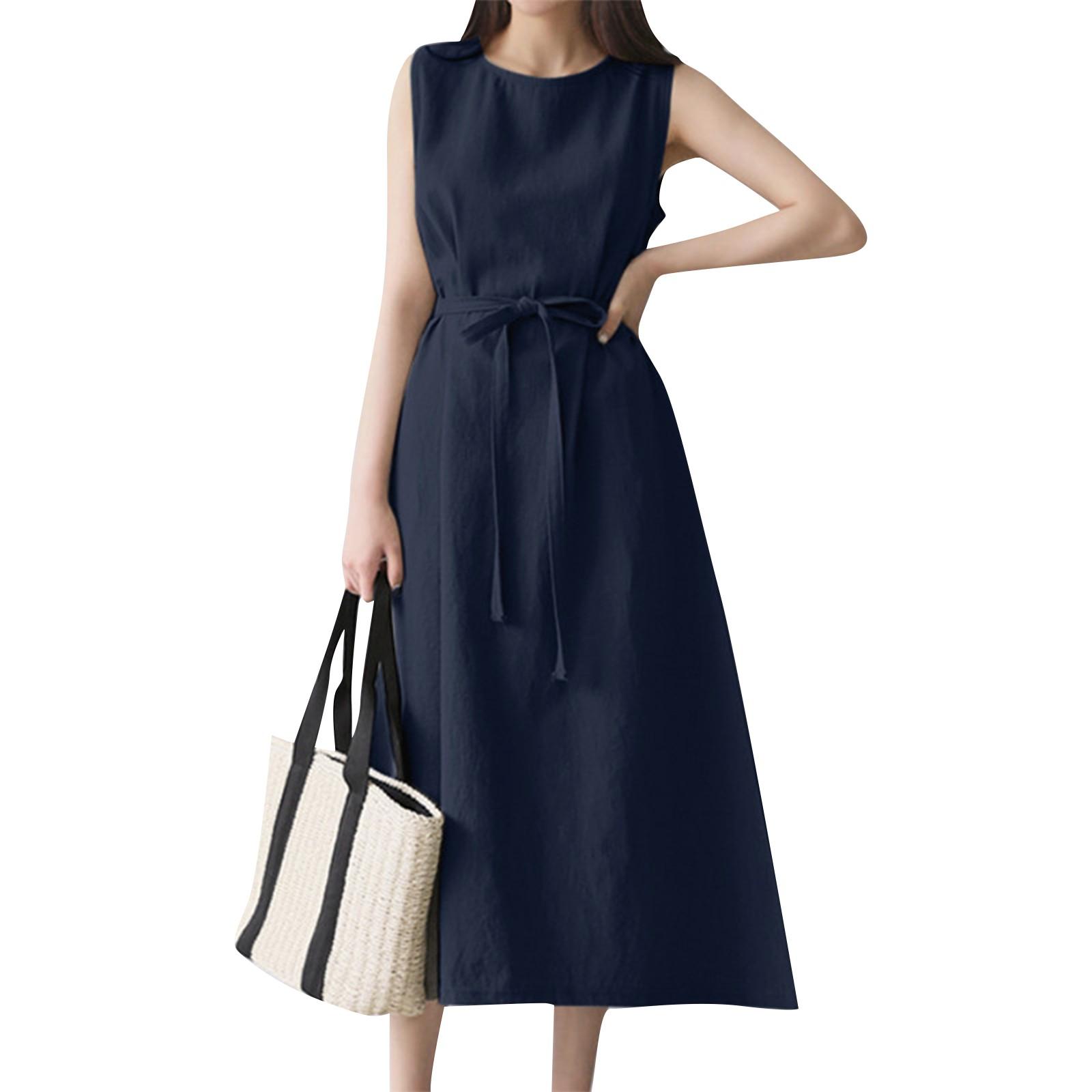 Women s Fashion Loose Bohemian Sleeveless Round Neck Color Cotton Linen Belt Sleeveless Long Dresses L